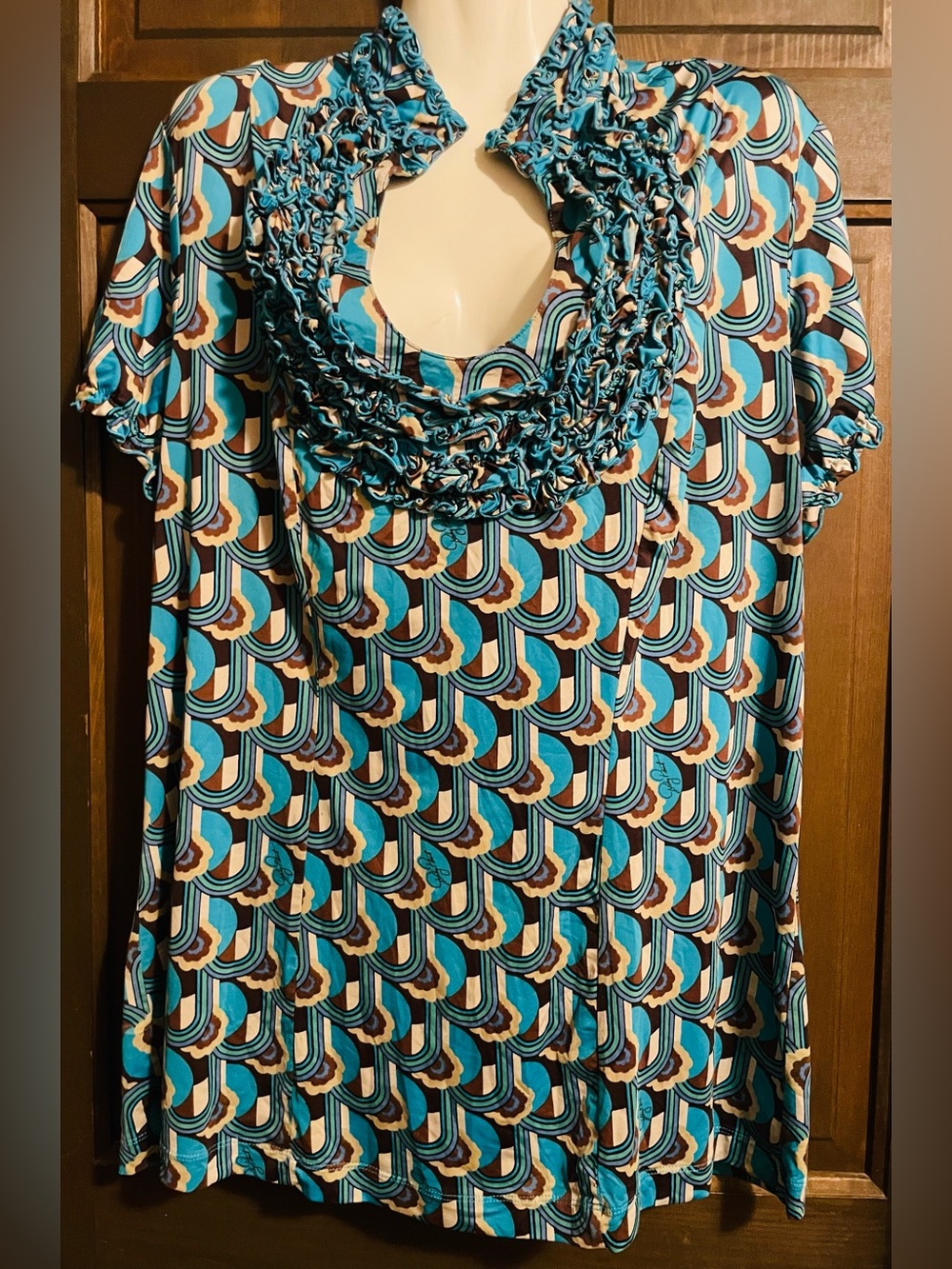 Vintage Baby Phat Teal, Brown, Cream & Black Ruffled Scoop Neck Tunic